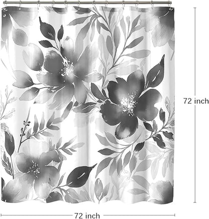 Floral Shower Curtain, Grey Watercolor Flower Shower Curtains for Bathroom, Modern Minimalist Waterproof Fabric Bath Curtain 72x72 Inch