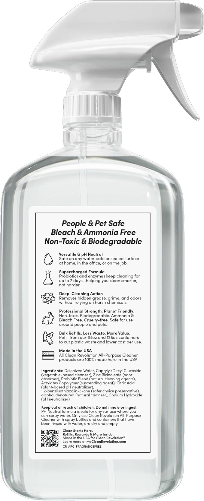Clean Revolution SuperCharged All Purpose Cleaner Refill with Smart Probiotic + Enzyme Complex, Multi-Surface Kitchen Bathroom & Floor Cleaner, Fragrance Free, 18 Fl Oz (Pack of 1)