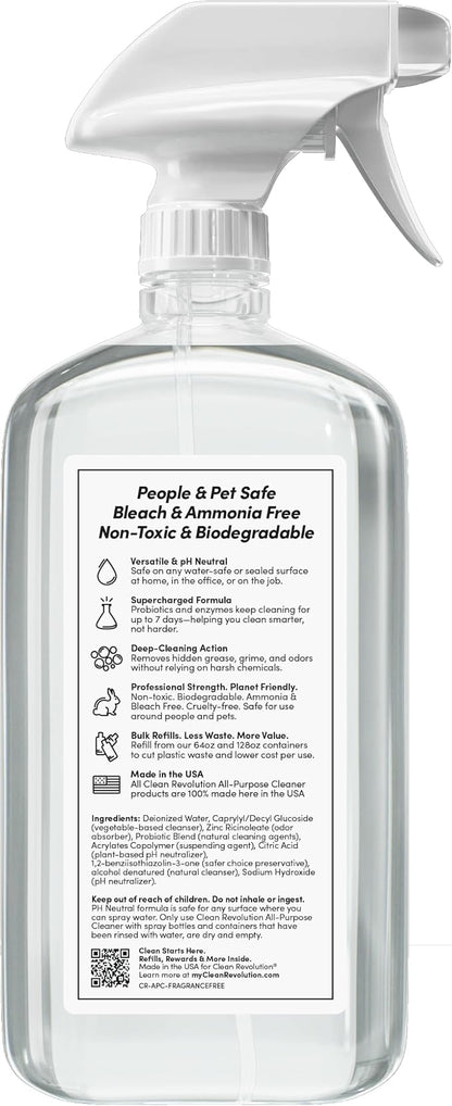 Clean Revolution SuperCharged All Purpose Cleaner Refill with Smart Probiotic + Enzyme Complex, Multi-Surface Kitchen Bathroom & Floor Cleaner, Fragrance Free, 18 Fl Oz (Pack of 1)