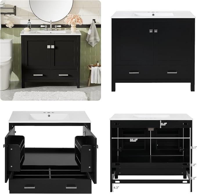 36" Freestanding Bathroom Vanity with Sink, Floor Stand Bathroom Storage Cabinet with Ceramic Sink, Doors with Double-Layered Storage Shelves, Modern Compact Vanity with Divided Drawer, Black
