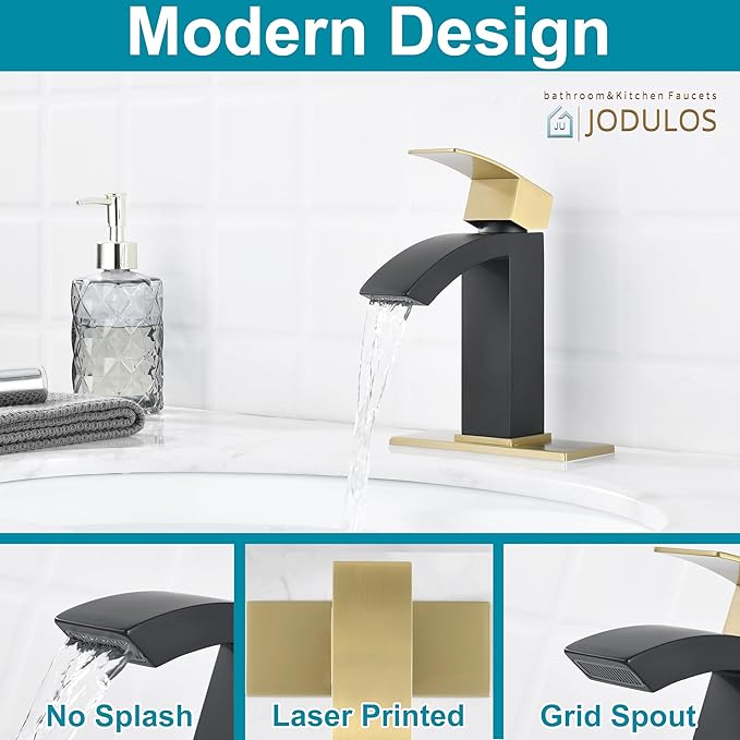 Single Hole Bathroom Faucet, Single Handle Bathroom Sink Faucet with cUPC Supply Hose and Pop Up Stopper, Black and Gold Faucet with 6 inch Deck Plate JU-BS100-BKG