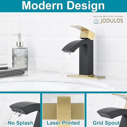 Single Hole Bathroom Faucet, Single Handle Bathroom Sink Faucet with cUPC Supply Hose and Pop Up Stopper, Black and Gold Faucet with 6 inch Deck Plate JU-BS100-BKG