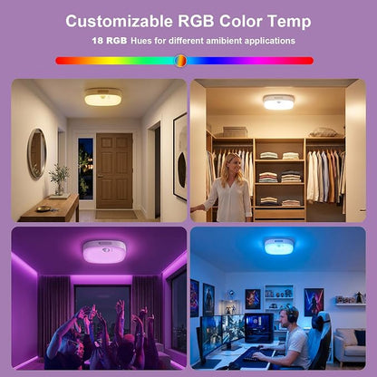NARUNDREN 2 Pack IP65 Motion Sensor Shower Ceiling Light 10000mAh 18 Colors | 300LM LED, 3CW+15RGB & 5-Step Dimmable, Rechargeable Battery Operated w/Remote, Waterproof Light for Bathroom & Closet