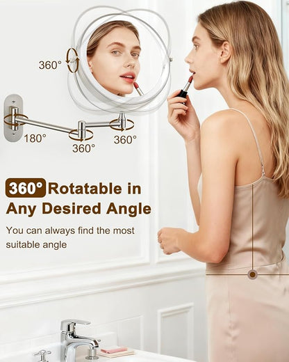DECLUTTR 9" Wall Mounted Lighted Makeup Mirror, Rechargeable 1X/20X Magnifying Mirror with Light Double Sided, Touch Dimmable 3 Color Light, 360 Rotation Vanity Mirror