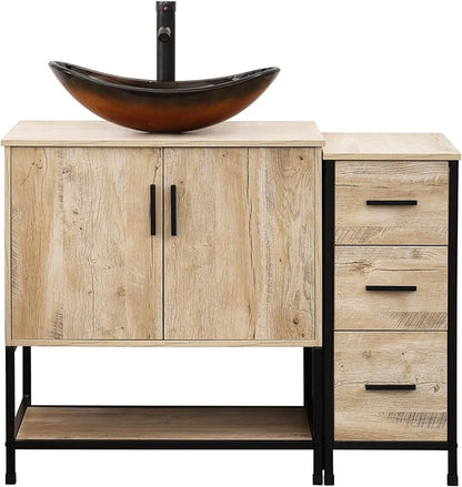 UEV 42" Rustic Oak Bathroom Vanity with Sink Combo,Industrial Iron Frame Bathroom Cabinet Sets with 3 Drawers Side Cabinet,Modern Brown Boat Tempered Glass Vessel Sink(029BR)