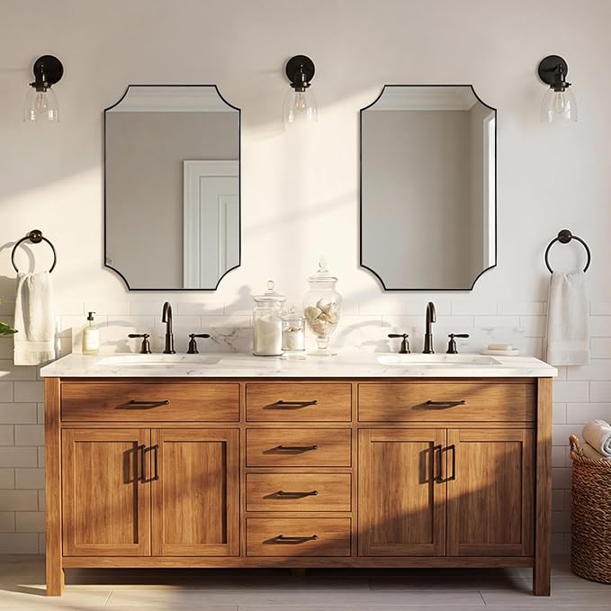 20"x30" Bathroom Mirror, Matte Black Vanity Mirror, Scalloped Rectangle Mirror in Premium Stainless Steel Frame, Scalloped Corners Design, Compact Size Ideal for Small Bathroom Remodel
