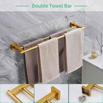 Miyili 4-Pieces Gold Bathroom Accessories Set Bath Hardware Kit - Includes Double Towel Bar, Hand Towel Rack, Toilet Paper Holder, Robe Hook, BS02G4A