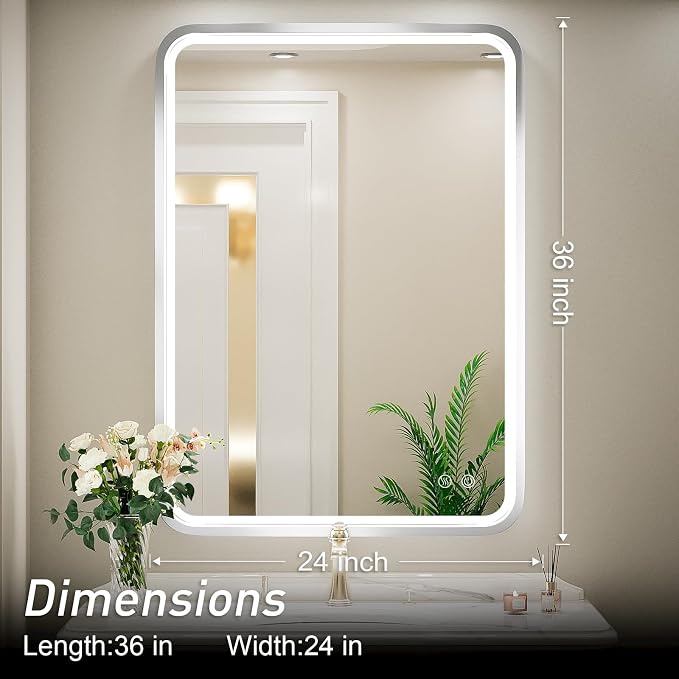 24x36 Inch LED Sliver Frame Bathroom Mirror,3-Color