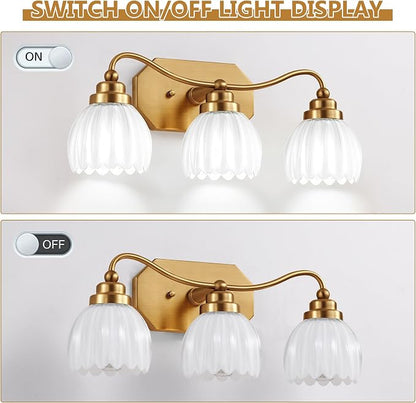 3 Light Gold Vintage Vanity Lights, Antique Brass Finish | Milk White Tulip Crystal Shades,Brushed Gold Bathroom Light Fixtures, Wall Sconce Ideal for Bedroom, Hallway, Easy to Install