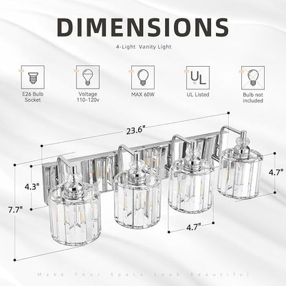 4-Light Modern Bathroom Light Fixture Chrome Bathroom Vanity Lights Over Mirror Wall Sconce Lighting with K9 Crystal Shades E26 Base for Bedroom, Living Room, Hallway, Cabinet Wall Lamp