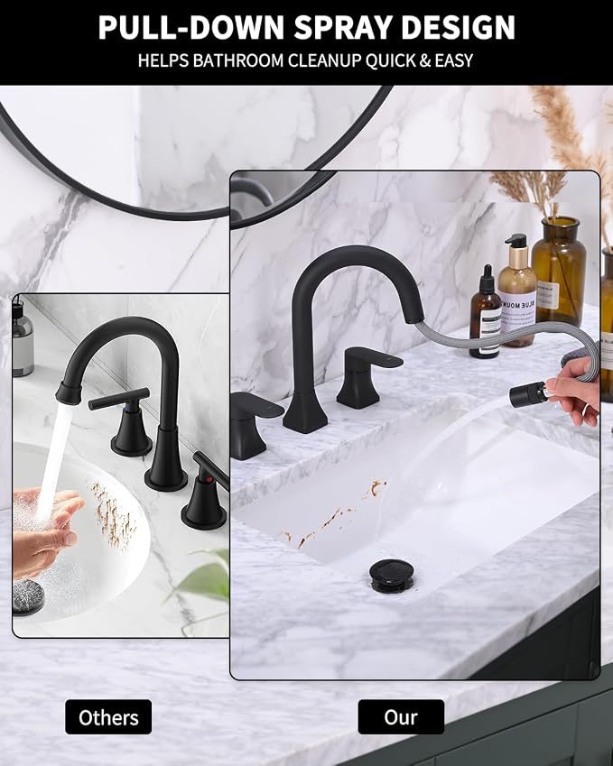 Bathroom Faucet 3 Hole with Pull Out Sprayer, 8 Inch Widespread Bathroom Faucet, Magnetic Pull Out Faucet for Easy to Use, Matte Black (with Pop-up Drain)
