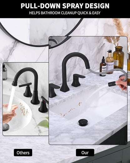 Bathroom Faucet 3 Hole with Pull Out Sprayer, 8 Inch Widespread Bathroom Faucet, Magnetic Pull Out Faucet for Easy to Use, Matte Black (with Pop-up Drain)