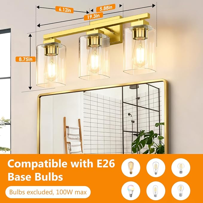 19” Bathroom Light Fixtures Over Mirror, 3-Light Gold Vanity Light | Square Clear Glass & Durable Metal, Quick & Easy Installation, Standard E26 Socket, Bright Bathroom Lighting