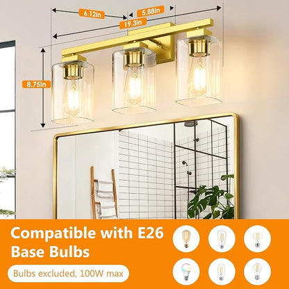 19” Bathroom Light Fixtures Over Mirror, 3-Light Gold Vanity Light | Square Clear Glass & Durable Metal, Quick & Easy Installation, Standard E26 Socket, Bright Bathroom Lighting