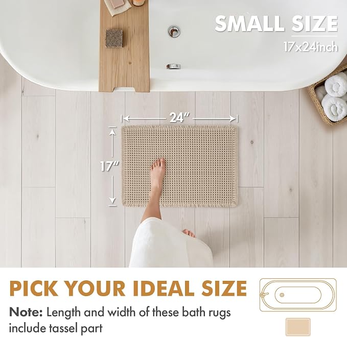 MIULEE Set of 2 Waffle Bathroom Rugs Boho Bath Mat Pale Beige 17x24 Inch | Non Slip, Super Absorbent, Washable, Ultra Soft, Rubber Backed, Small Bath Rugs for Bathroom Floor Tub Shower