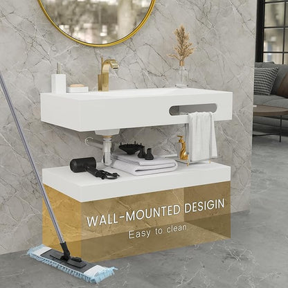 QJ&XY Resin Bathroom Sink 36" Wall Mounted V-Shaped White Basin with Towel Rack, Floating Vanity Sink in Soft-Touch Finish (Double Tier)