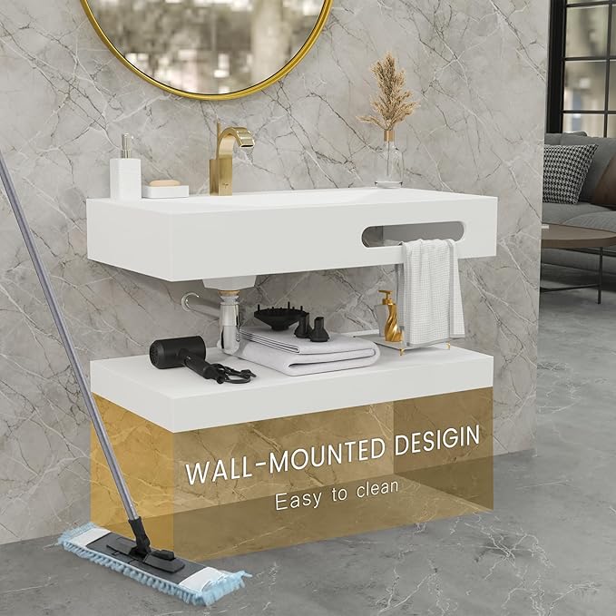QJ&XY Resin Bathroom Sink 32" Wall Mounted V-Shaped White Basin with Towel Rack, Floating Vanity Sink in Soft-Touch Finish (Double Tier)