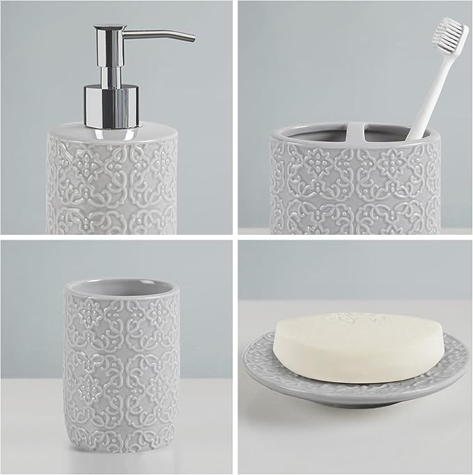 Martha Stewart Tara Bath Accessory Set Medallion, Grey | Coordinated Look for Bathroom, OEKO-TEX Certified