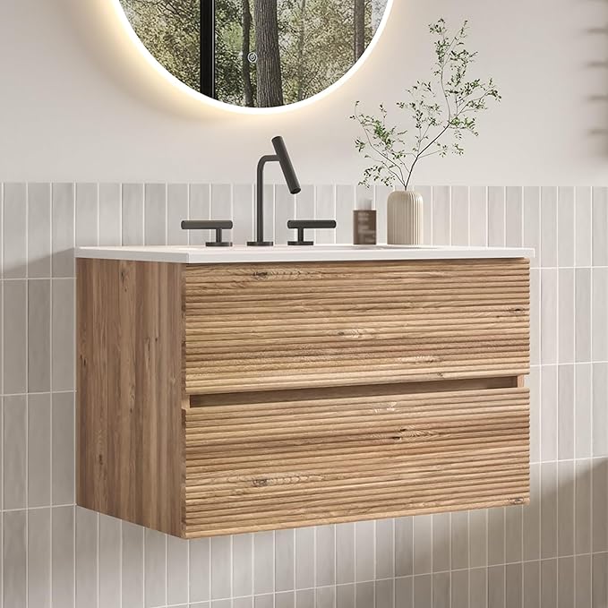 30" Floating Bathroom Vanity with Sink, Modern Wall Mounted Floating Vanity with Ceramic Sink, Double Soft-Close Drawers for Small Space, Apartment, Rough Oak