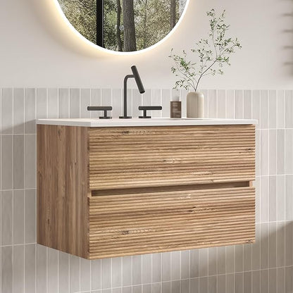 30" Floating Bathroom Vanity with Sink, Modern Wall Mounted Floating Vanity with Ceramic Sink, Double Soft-Close Drawers for Small Space, Apartment, Rough Oak