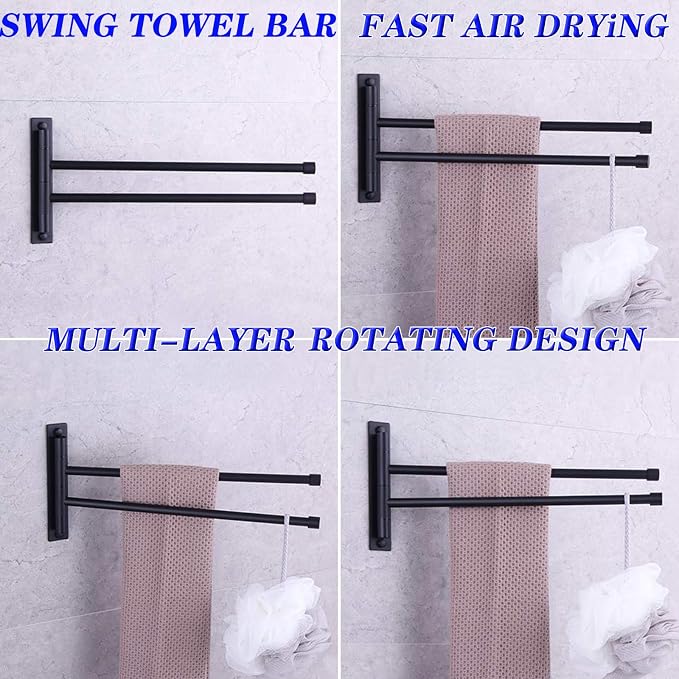 GERZWY Bathroom Swing Arm Towel Bars 2-Arm Wall Mount Stainless Steel Bath Towel Rack Hanger Towel Holder Organizer Matte Black HYG02-BK