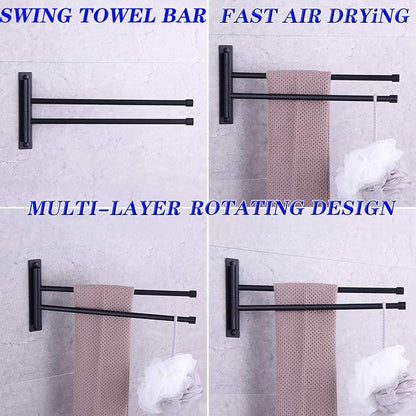 GERZWY Bathroom Swing Arm Towel Bars 2-Arm Wall Mount Stainless Steel Bath Towel Rack Hanger Towel Holder Organizer Matte Black HYG02-BK