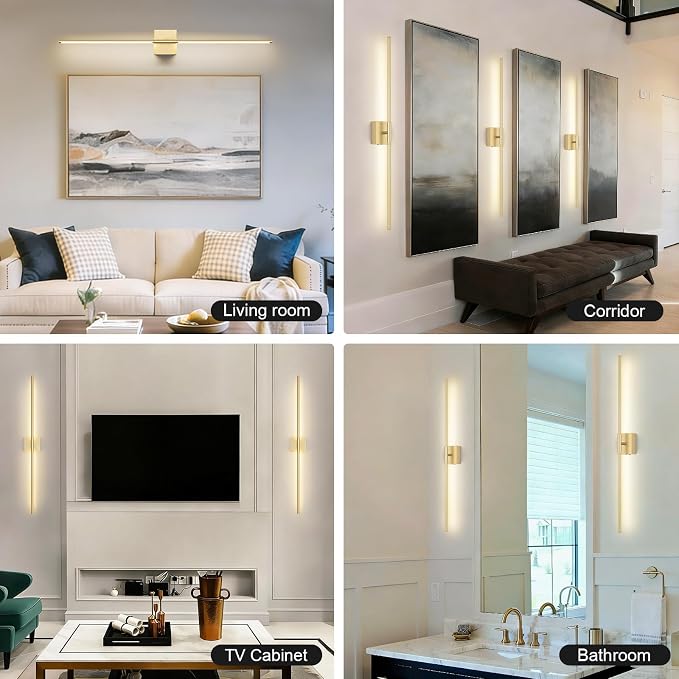 Battery Operated Wall Sconce, 3000K-6000K Dimmable Gold Wall Lights with Remote Control, Timable LED Wireless Wall Sconces, 350° Ratate for Bathroom, Living Room, Hallway 39.4 Inch 1 Pack
