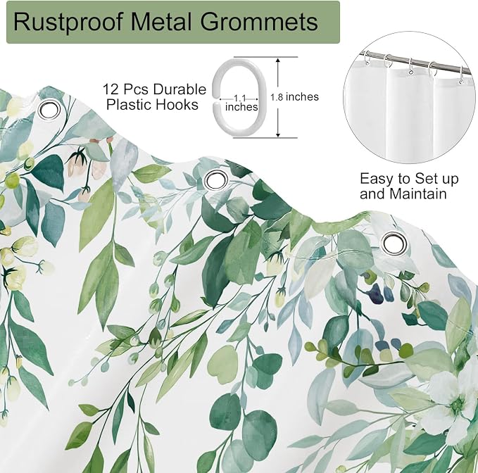 Light Green Floral Eucalyptus Shower Curtain with Hooks, 72x84 Inch | Waterproof Fabric, Watercolor Leaves and Floral, Botanical Style, Machine Washable, Quick-Drying, for Hotel Bathroom