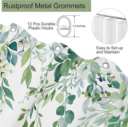 Light Green Floral Eucalyptus Shower Curtain with Hooks, 72x84 Inch | Waterproof Fabric, Watercolor Leaves and Floral, Botanical Style, Machine Washable, Quick-Drying, for Hotel Bathroom