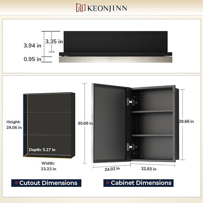 Keonjinn 24" x 30" Medicine Cabinets with Mirror for Bathroom, Brushed Nickel Recessed or Surface Wall-Mounted Aluminum Alloy Framed Beveled Mirror, Farmhouse Bathroom Mirror with Storage Cabinet