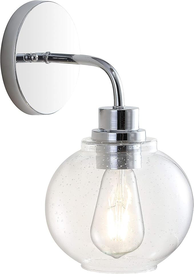 JONATHAN Y 6.5" Chrome 1-Light Farmhouse LED Vanity Light Wall Sconce for Bathroom, Clear Seeded Glass Shade, Industrial Iron Indoor Fixture, LED Bulb Included (JYL7526B)