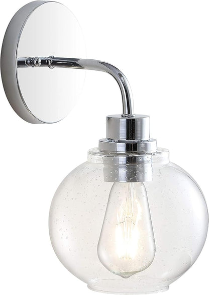 JONATHAN Y 6.5" Chrome 1-Light Farmhouse LED Vanity Light Wall Sconce for Bathroom, Clear Seeded Glass Shade, Industrial Iron Indoor Fixture, LED Bulb Included (JYL7526B)