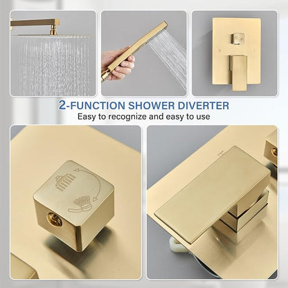 Shower Faucet Rain Shower System with 12 Inches Rainfall Shower Head and Handheld Spray Combo Bathroom Shower Faucet Set Complete Brushed Gold Shower Valve and Trim Kit Wall Mounted