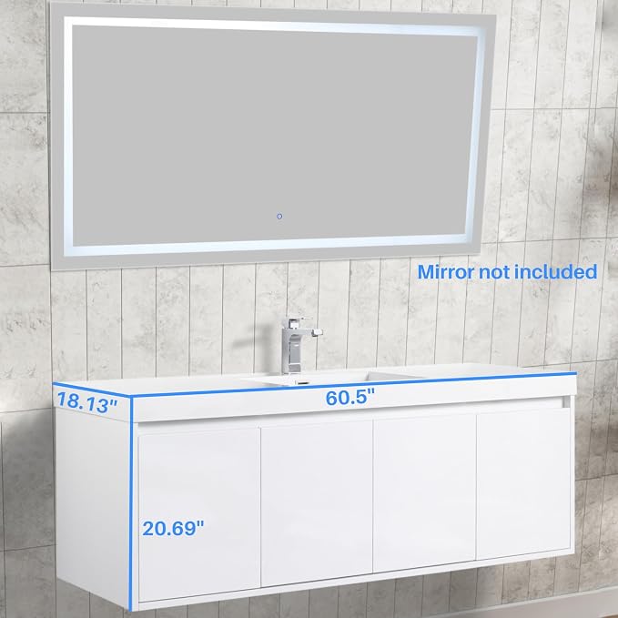 Blossom 60 Inch Floating Bathroom Vanity, Modern Single Sink Vanity with Marine-Grade Plywood, Zero-VOC Glossy White Wall Mounted Cabinet, Pre-Assembled for Easy Plumbing Install