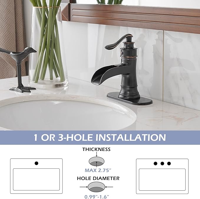 BWE Oil Rubbed Bronze Bathroom Sink Faucet with 1.2 GPM Flow Rate Waterfall Vanity Sink Faucet Single Handle Mixer Tap with Pop Up Drain Stopper Assembly Water Supply Hose
