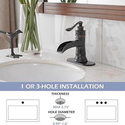 BWE Oil Rubbed Bronze Bathroom Sink Faucet with 1.2 GPM Flow Rate Waterfall Vanity Sink Faucet Single Handle Mixer Tap with Pop Up Drain Stopper Assembly Water Supply Hose