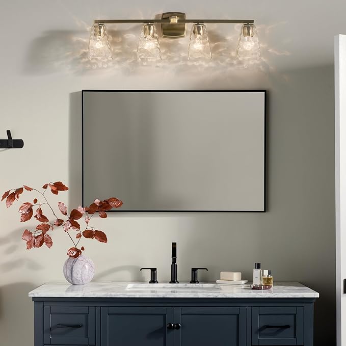 Kichler Marant 33.25" 4-Light Vanity Light with Clear Water Glass in Champagne Bronze, for Bathroom, Powder Room, Over a Mirror, (33.25" W x 9.5" H), 55217CPZWTR
