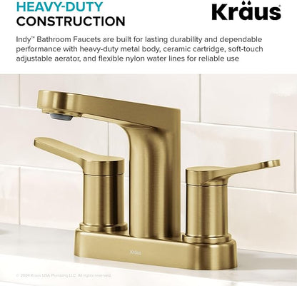 KRAUS Indy Centerset Bathroom Faucet in Spot-Free Brushed Brass with 2 Handles, Pop Up Drain and Supply Lines, FUS-14102SFBB