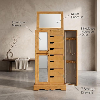 Hives & Honey Meadow Standing Jewelry Armoire Cabinet, Jewelry Storage Organizer with Top Flip Mirror, 2 Doors, 7 Drawers, Jewelry Chest, Jewelry Box for Necklace, Earring, Bracelet, Walnut