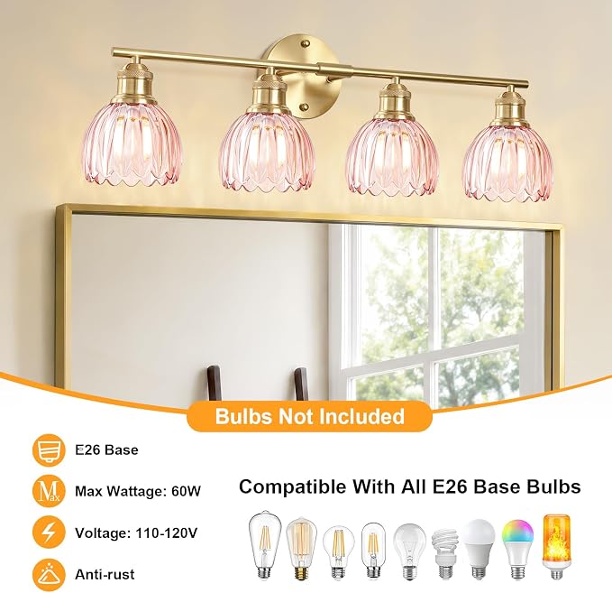 Bathroom Light Fixtures, 4-Light Brushed Gold Vanity Lights for Bathroom with Pink Tulip Glass Shade, 26" Vintage Bathroom Vanity Lighting Fixtures Over Mirror for Bedroom Living Room Hallway