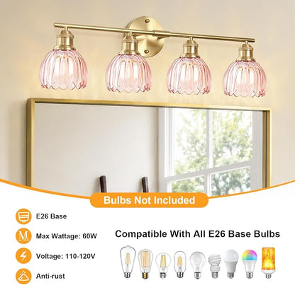 Bathroom Light Fixtures, 4-Light Brushed Gold Vanity Lights for Bathroom with Pink Tulip Glass Shade, 26" Vintage Bathroom Vanity Lighting Fixtures Over Mirror for Bedroom Living Room Hallway