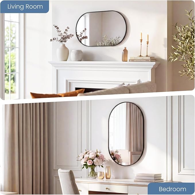 Sweetcrispy Oval Bathroom Wall Mirror, Vanity Mirror, 20x30 Inch | Metal Frame Tempered Glass, Over Sink Living Room, Bedroom Entryway Hang, Horizontal or Vertical, Black