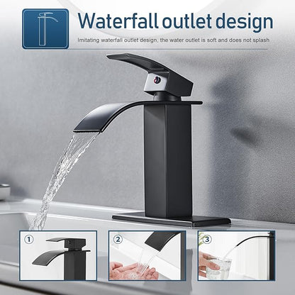 Black Bathroom Faucet Waterfall Single Handle Bathroom Sink Faucet with Pop-up Drain, Bathroom Faucet One Hole or 3 Hole with Deck Plate