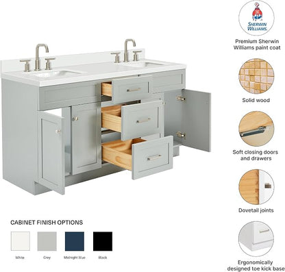 Bradford 66-Inch Grey Double Bathroom Vanity, 1.5-Inch Pure White Quartz Countertop & Backsplash, Rectangular Sinks, 2 Soft Closing Doors, 3 Dovetail Drawers, Toe Kick, Brushed Nickel