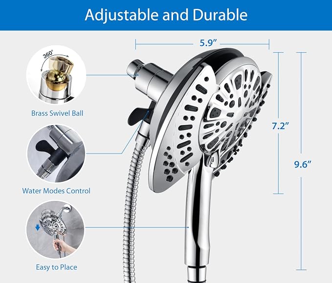 2 in 1 Shower Head with Handheld Combo High Pressure Silver 2.5 GPM | 7.2" Rain Showerhead and 9 Spray Hand Held Shower, Adjustable Shower Angle, 59-inch Rotatable Stainless Steel Hose