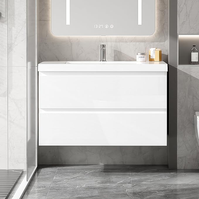 36 Inch Floating Bathroom Vanity with Sink, Large Storage Wall Mounted Floating Vanity with Soft Close Drawers, One-Piece Basin Bathroom Sink Cabinet (Glossy White, 36 Inch)