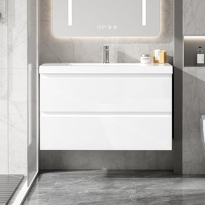 36 Inch Floating Bathroom Vanity with Sink, Large Storage Wall Mounted Floating Vanity with Soft Close Drawers, One-Piece Basin Bathroom Sink Cabinet (Glossy White, 36 Inch)