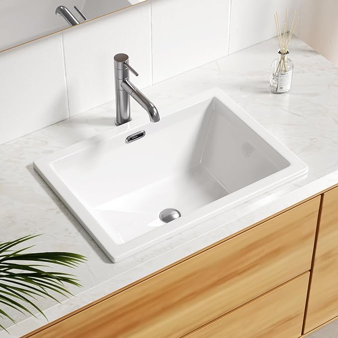 Enbol 20.6" x 14.5" Drop in Bathroom Sink Rectangule Vessel Sink Self-rimming Top Mount Bathroom Sink White Ceramic Lavatory Vanity with Overflow O2014-1