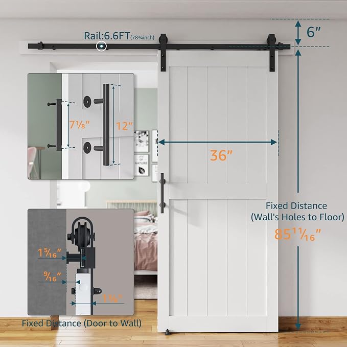 36''x84'' Sliding Barn Door with 6.6 Ft Barn Door Hardware Kit | Fits 32-34''W Openings, Pre-Drilled Holes Easy Assembly-Waterproof PVC Surface, H-Frame, White