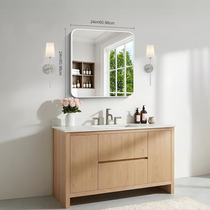 BONEWEI White Bathroom Mirror,24x24 inch Wall Mirror for Bathroom Wall Mounted,Rectangle Mirror for Bathroom Over Sink,Modern Frame Round Corner for Living Room,Bedroom Entryway,Horizontal/Vertical